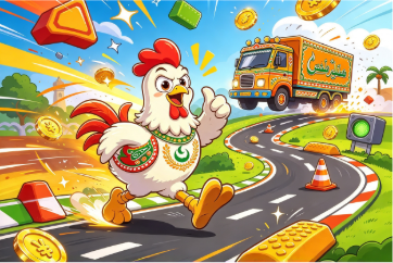 Chicken Road illustration in Pakistan showing the chicken mascot running across a road with coins, a truck and traffic cones