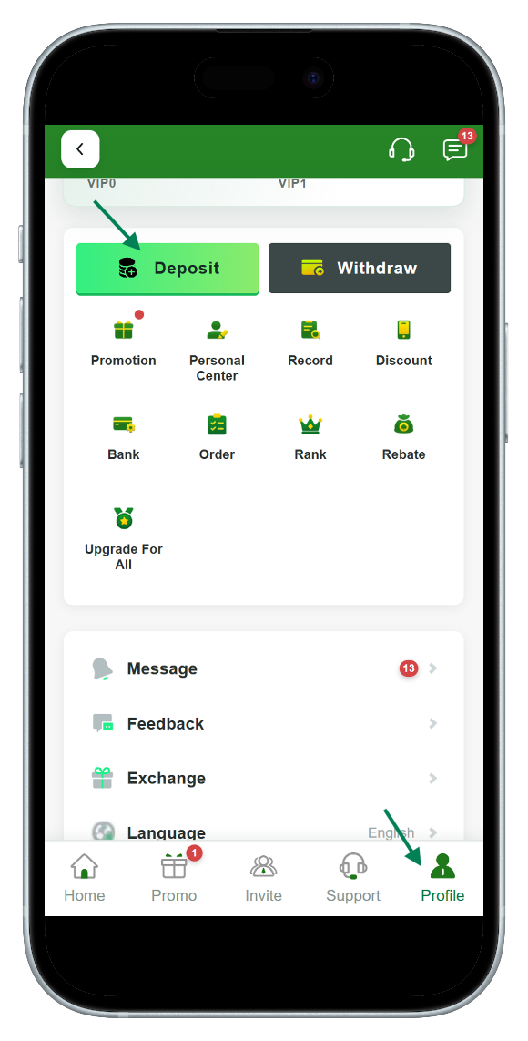 Chicken Road deposit page showing the Deposit button highlighted alongside withdraw and bank options in the platform profile menu