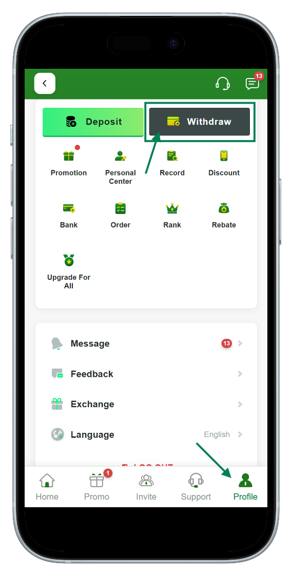 Chicken Road withdraw page showing the Withdraw button highlighted in the platform profile menu