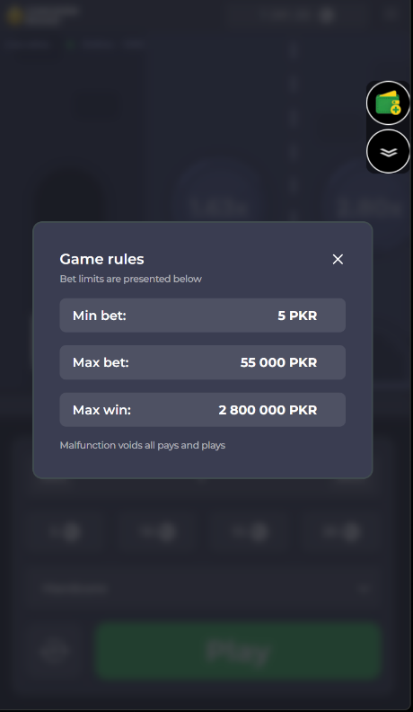 Chicken Road game rules panel listing min bet 5 PKR, max bet 55000 PKR and max win 2800000 PKR