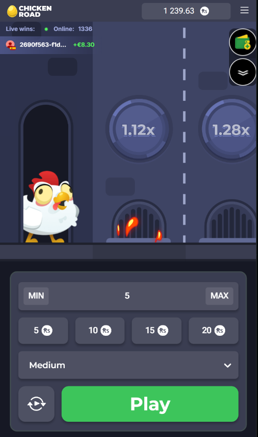 Chicken Road start screen with Medium mode selected, mode dropdown open and the chicken waiting at the first square