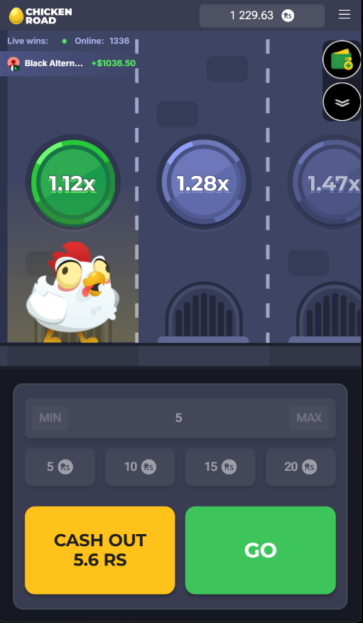 Chicken Road round in progress showing multiplier discs 1.12x, 1.28x and 1.47x with the cash out and GO buttons below